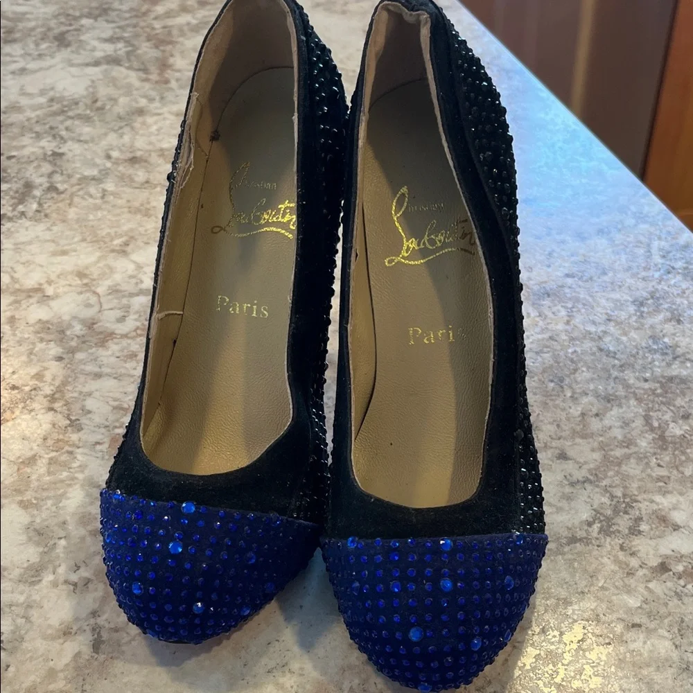 Christian Louboutin Black and Blue Crystal Heels - Picture 1 of 5